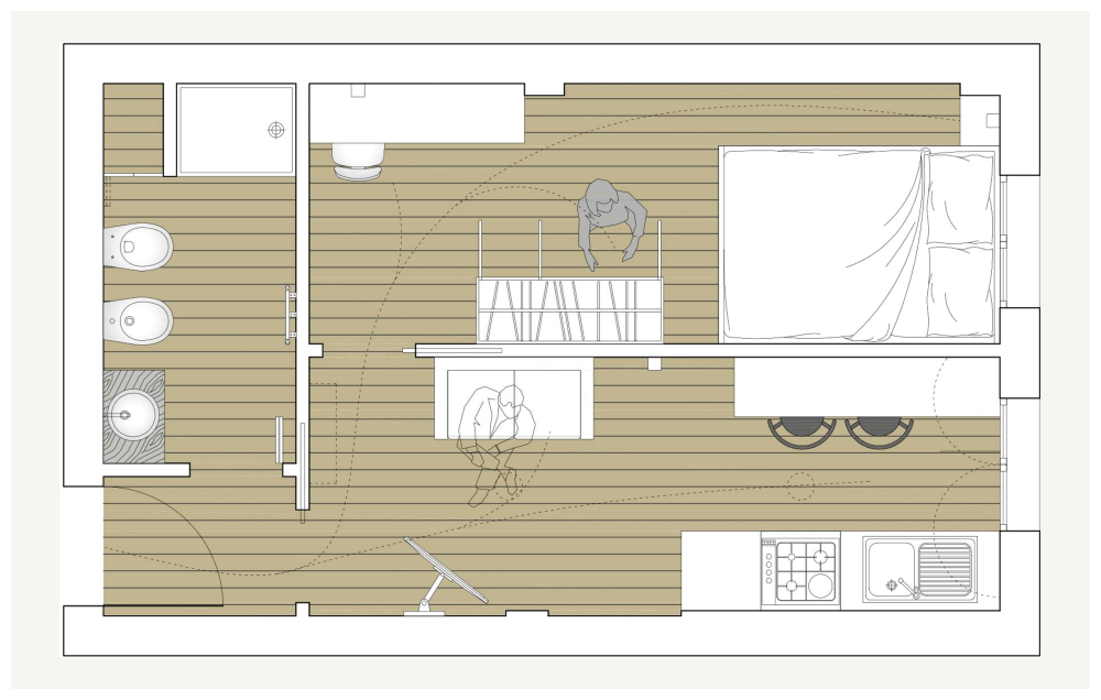 Pianta arredata di mini appartamento di 28 mq ristrutturato a Padova centro. Progetto di architettura con ottimizzazione degli spazi.